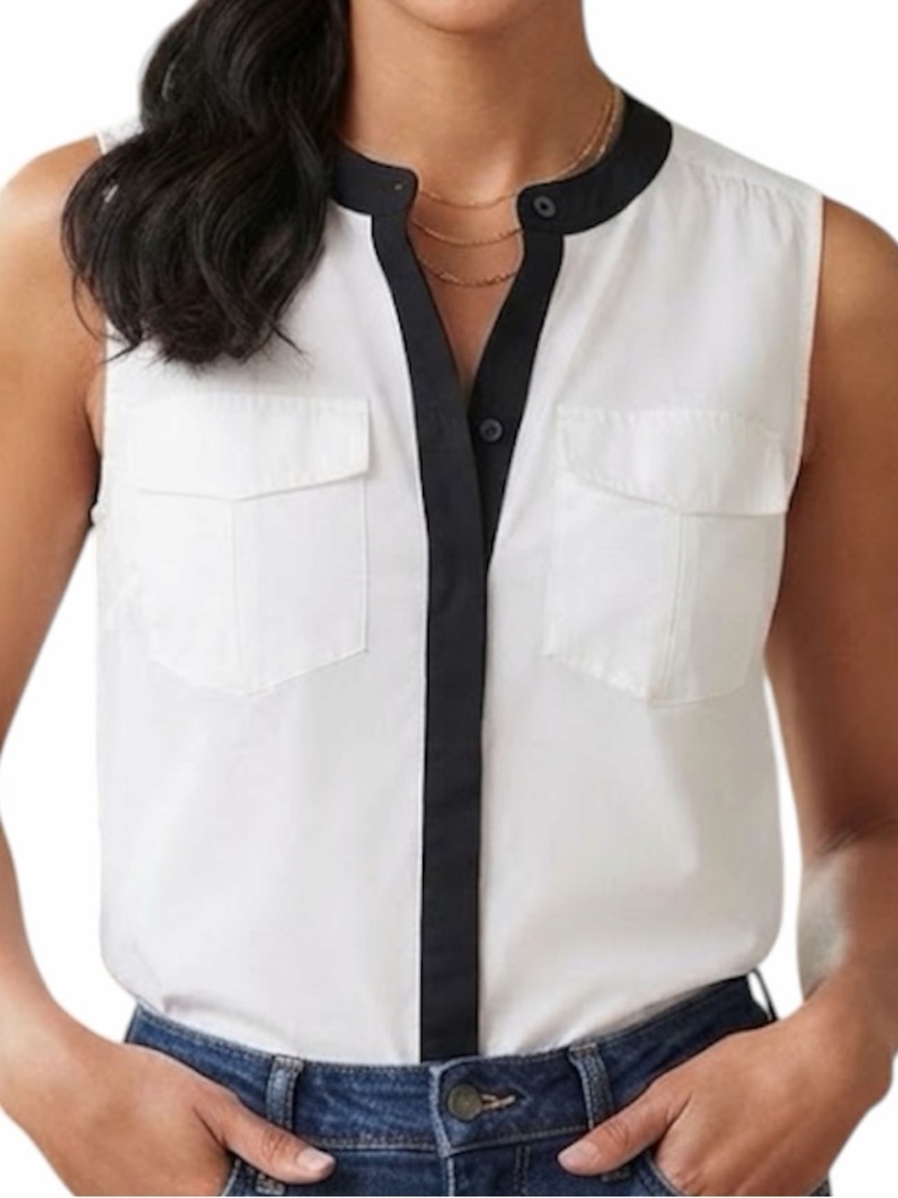 J.CREW Quiet Luxury Ivory White Sleeveless Button Down Blouse Black Piping 0